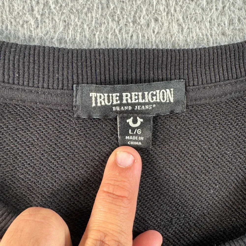True Religion Sweatshirt Men's Large Black Knit Cotton  Rocking Buddha‎ Pullover